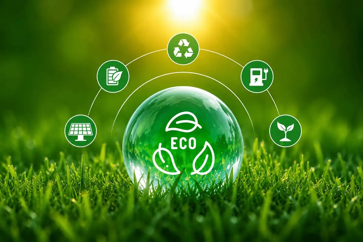 Eco sustainability concept featuring renewable energy, recycling, green technology, water conservation, and environmentally responsible solutions for sustainable development.