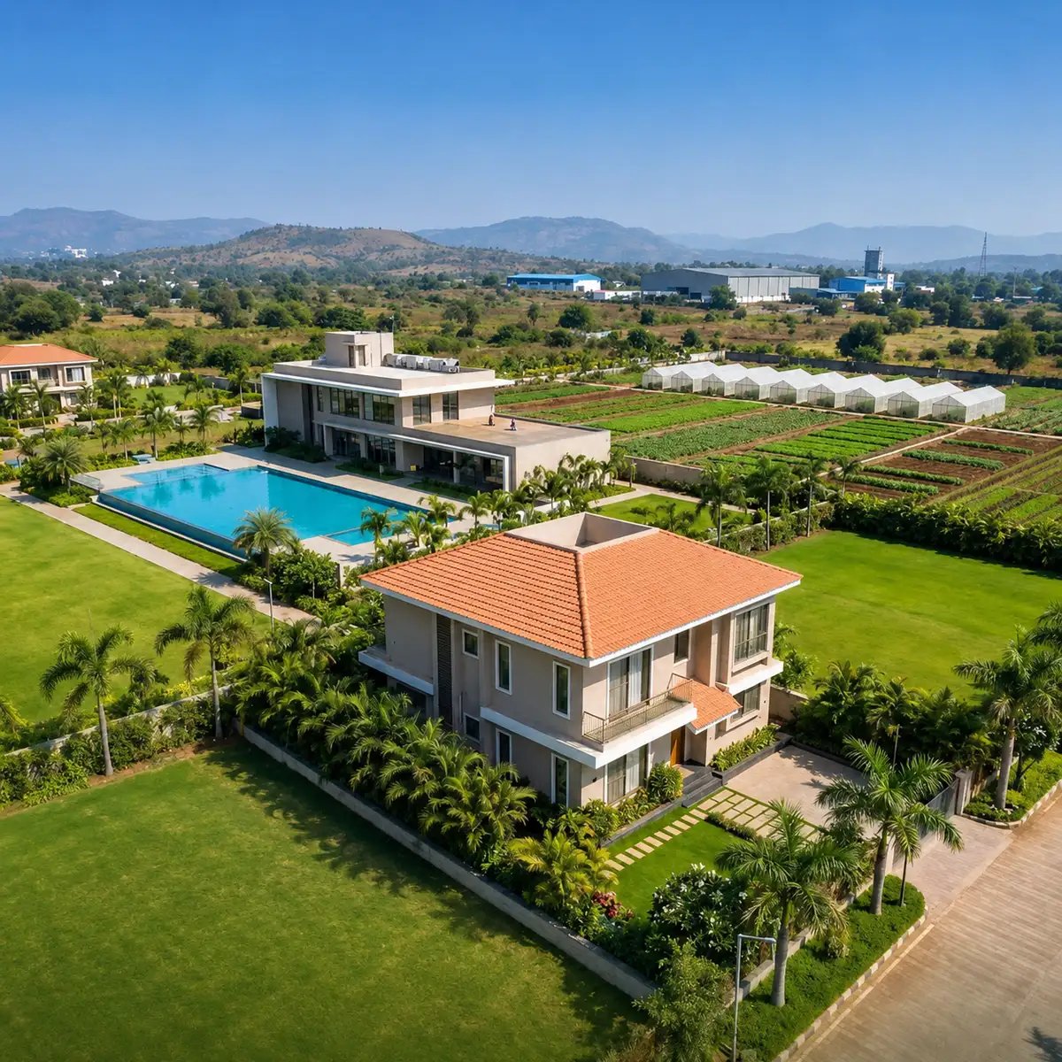 Luxury villa estate with landscaped gardens, orchards, swimming pool, and eco-friendly residential infrastructure.