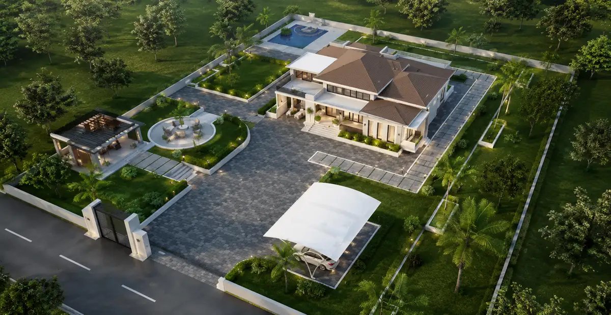 Luxury farmhouse campus featuring expansive landscaping, event lawns, water features, and sustainable outdoor spaces.