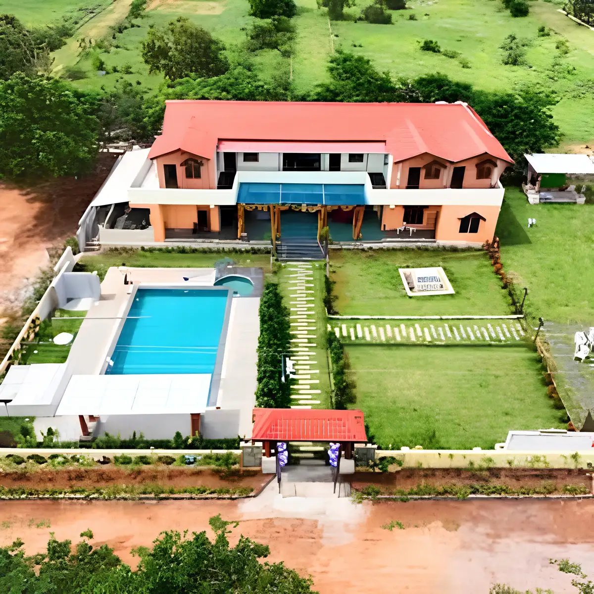 Farmhouse community with landscaped gardens, luxury villa, swimming pool, open lawns, and sustainable recreational amenities.