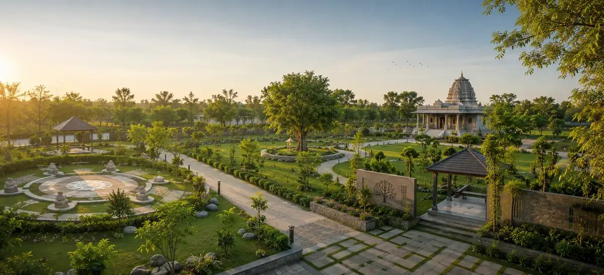 Sacred green retreat with meditation gardens, traditional landscaping, tree-lined pathways, and spiritually inspired outdoor spaces.
