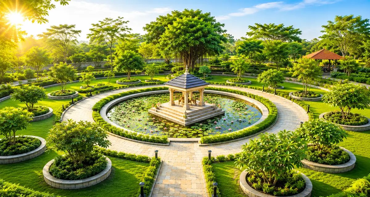 Sacred grove sanctuary with temple-inspired water features, circular gardens, native trees, meditation spaces, and harmonious landscape design.